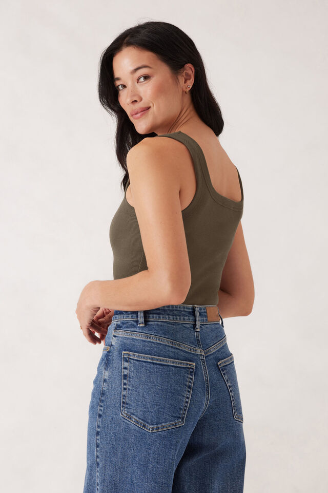 Contour Rib Square Neck Tank - Olive