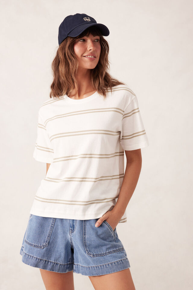Slouchy Split Hem Tee - Matcha Double Stripe