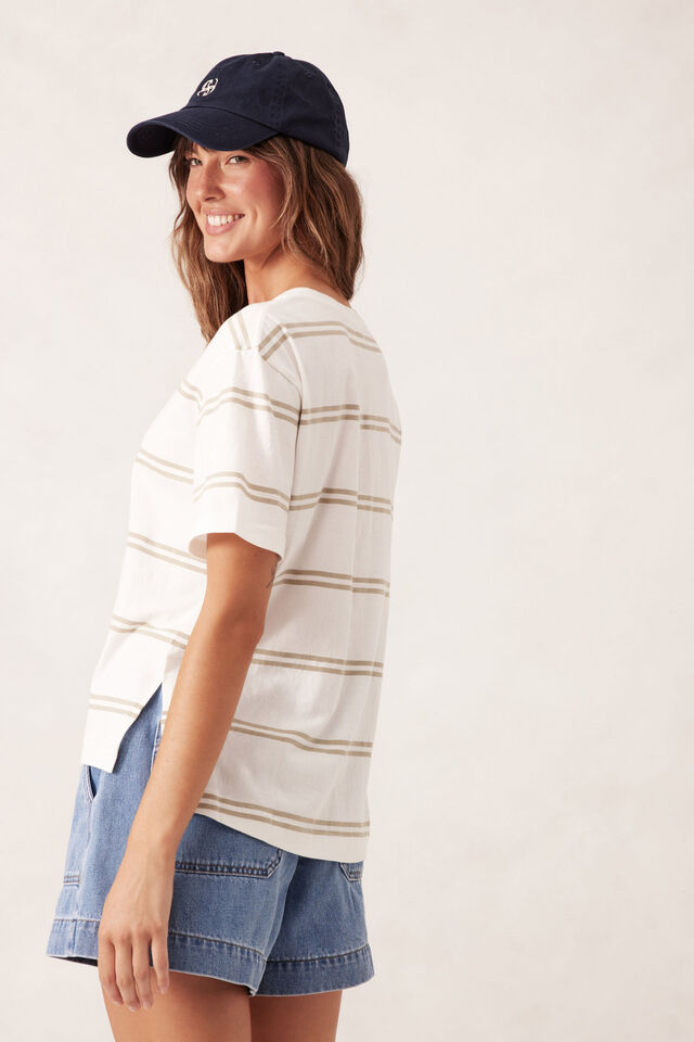 Slouchy Split Hem Tee - Matcha Double Stripe