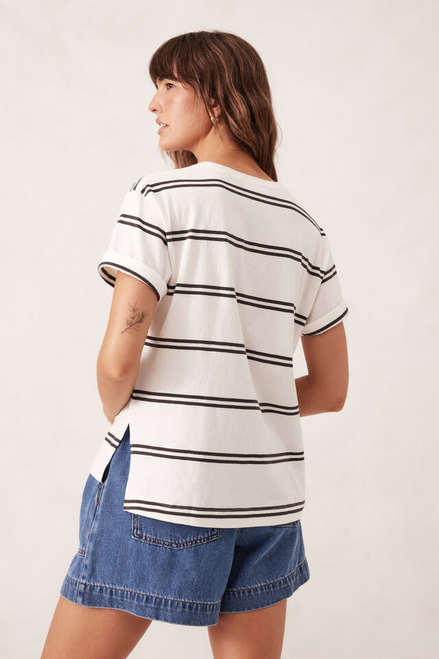 Slouchy Split Hem Tee - Phantom Double Stripe