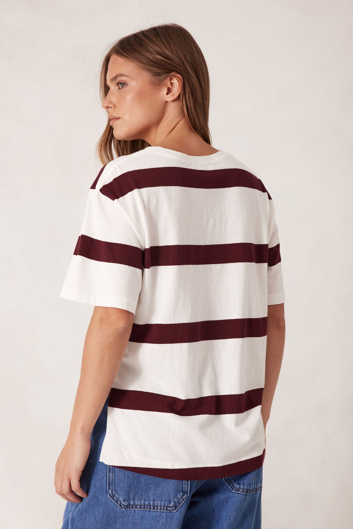 Slouchy Split Hem Tee - Burgundy Stripe