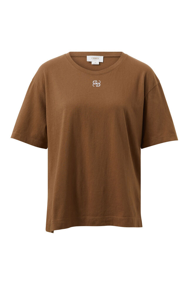 Slouchy Split Hem Tee - Milk Choc Monogram