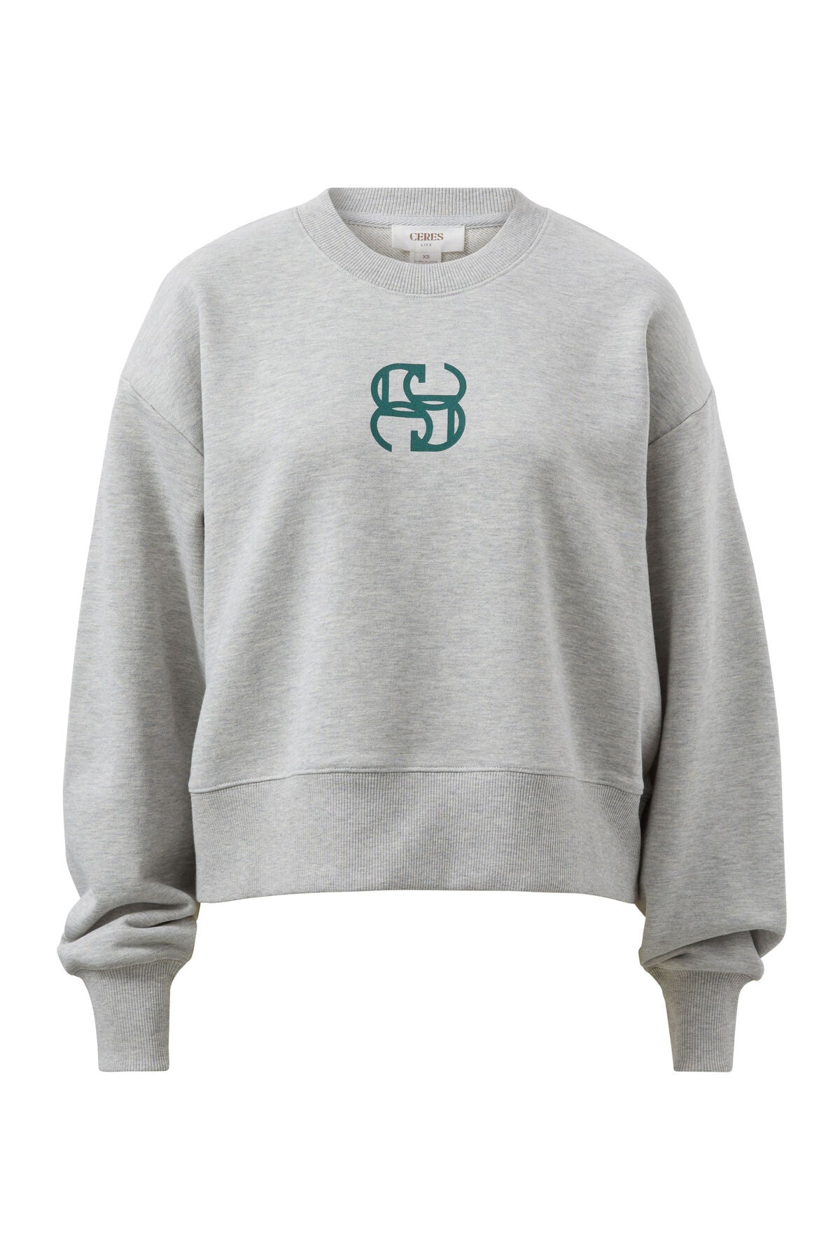 Cropped Slouchy Crew - Grey Marle Pine Green