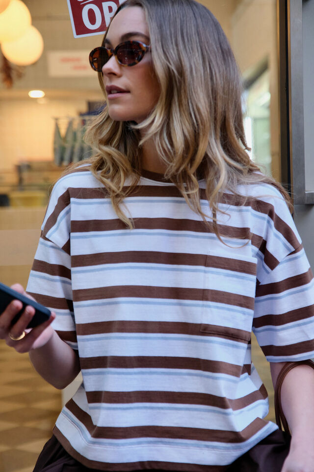 Boxy Pocket Tee - Milk Choc Stripe