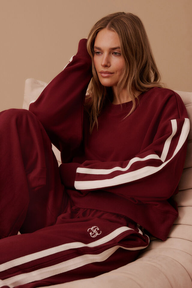 Sporty Slouchy Crew - Burgundy Side Stripe