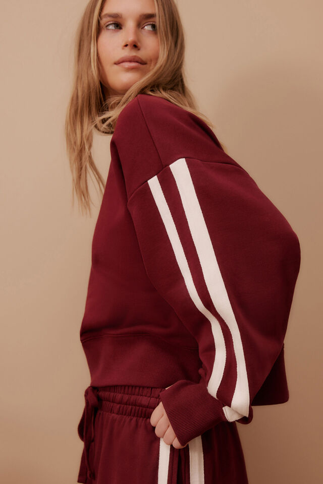 Sporty Slouchy Crew - Burgundy Side Stripe