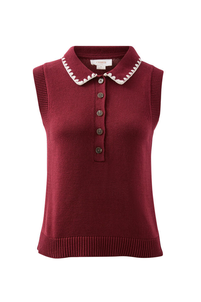 Cora Collared Button Knit - Pomegranate