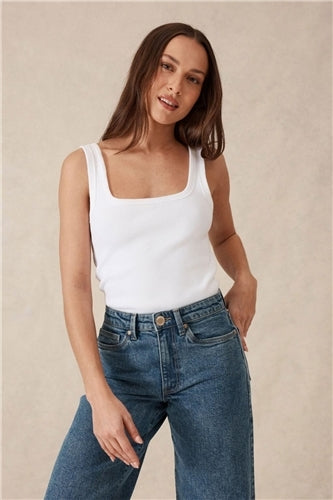 Contour Rib Square neck Tank - White