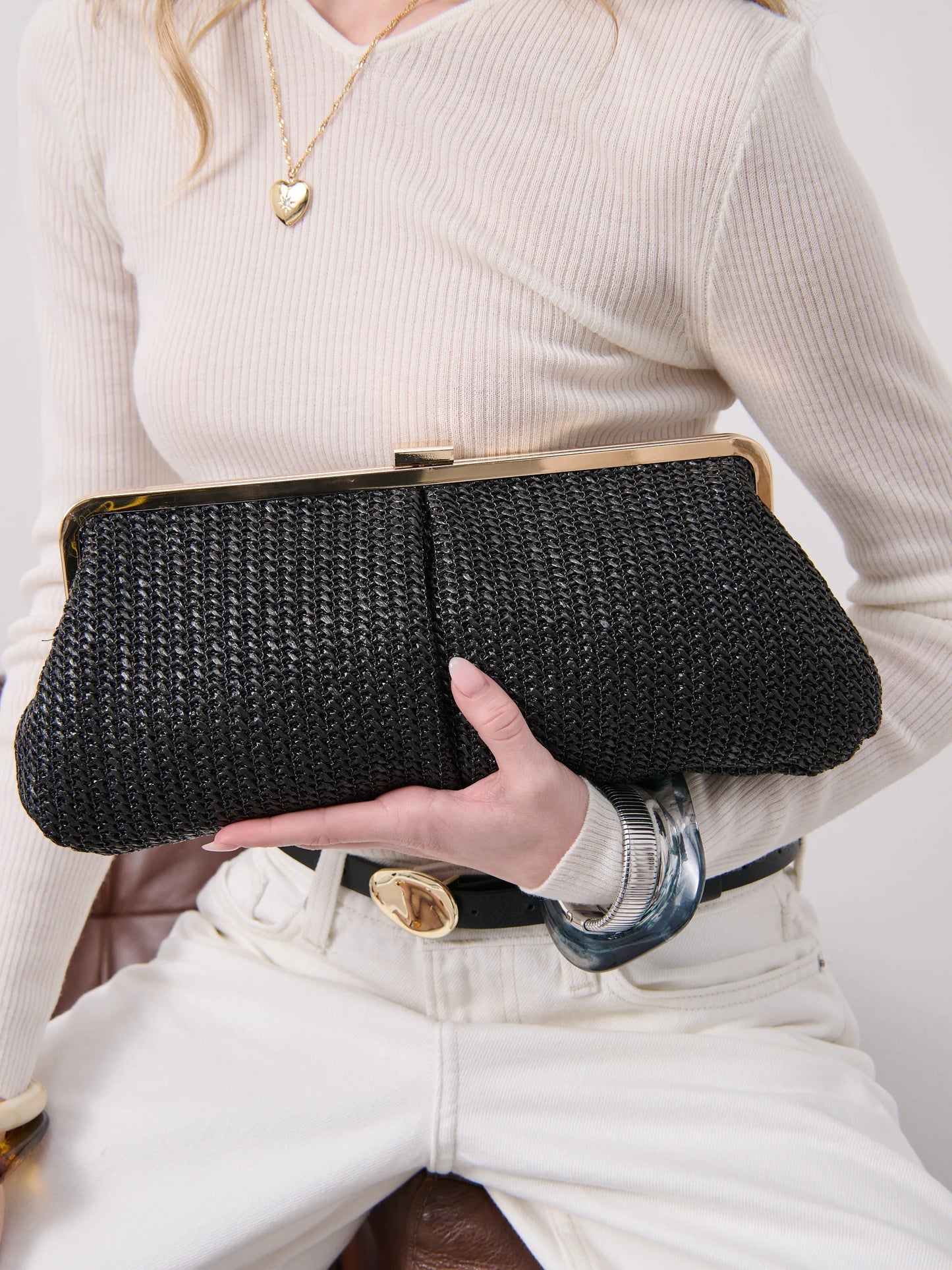 Bianca Straw Clutch - Black