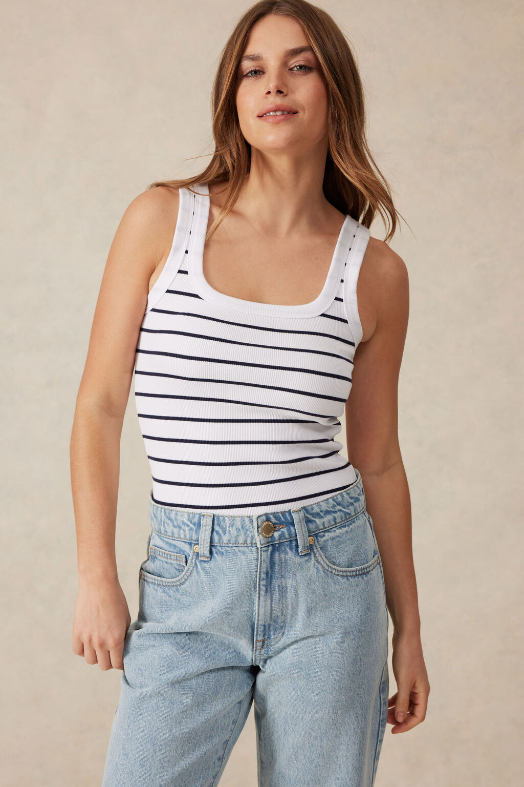 Contour Rib Square Neck Tank - Navy & White