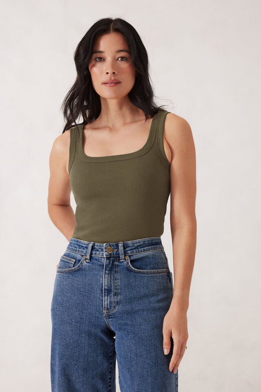 Contour Rib Square Neck Tank - Olive