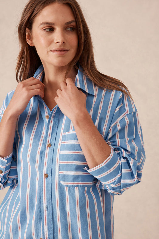 Oversized Shirt Organic Cotton - Blue White & Red Stripe