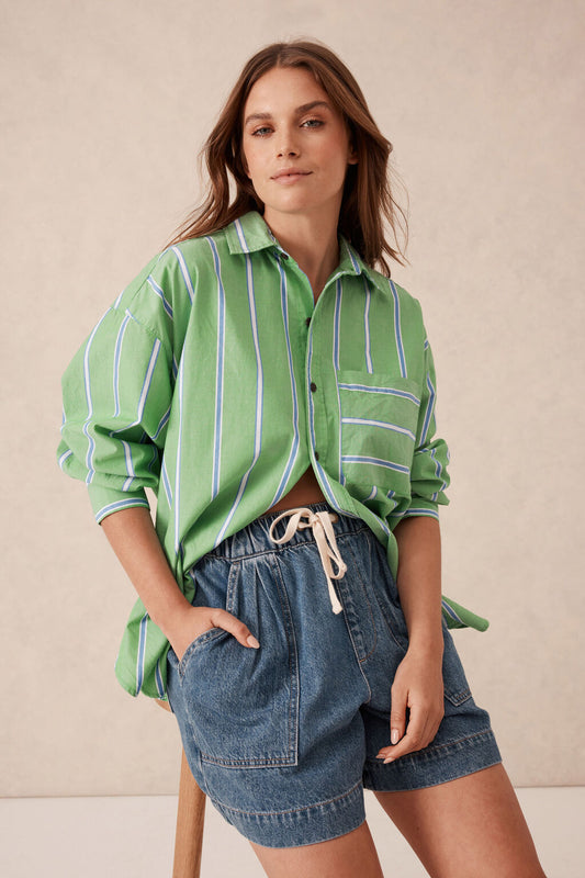 Oversized Shirt Organic Cotton - Grass Green & Blue Stripe