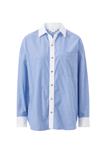 Oversized Shirt Organic Cotton - Blue Stripe White Collar