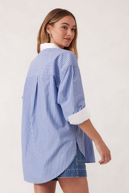 Oversized Shirt Organic Cotton - Blue Stripe White Collar