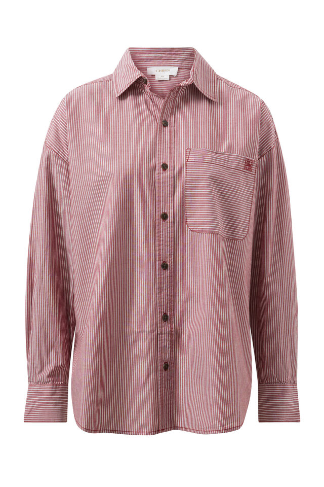 Oversized Shirt Organic Cotton - Burgundy & White Narrow Stripe