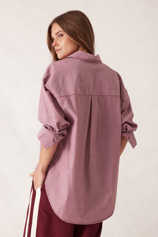 Oversized Shirt Organic Cotton - Burgundy & White Narrow Stripe