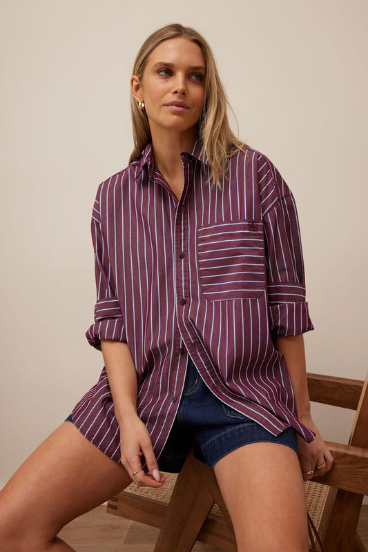 Peta Oversized Shirt - Burgundy Washed Navy Stripe