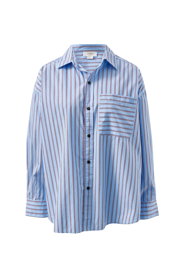 Peta Oversized Shirt - Sky Blue Burgundy Stripe