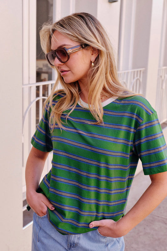 Stevie Slouchy Tee - Basil Blue Stripe