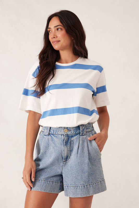 Slouchy Split Hem Tee - Pool Blue Stripe