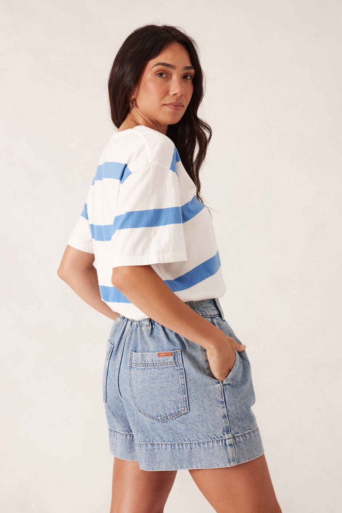 Slouchy Split Hem Tee - Pool Blue Stripe