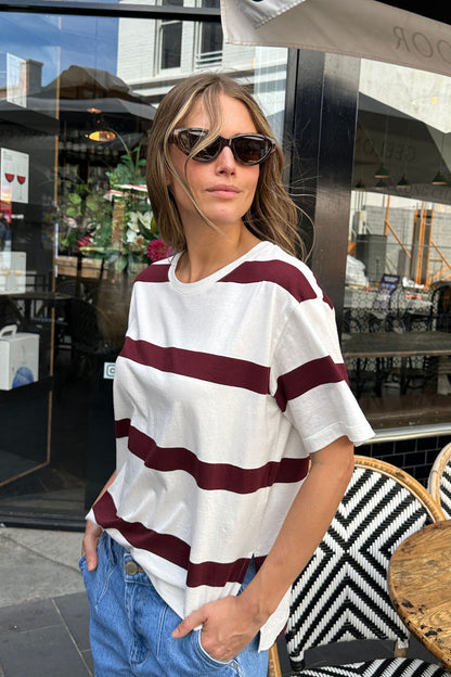 Slouchy Split Hem Tee - Burgundy Stripe