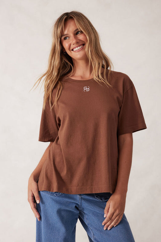 Slouchy Split Hem Tee - Milk Choc Monogram