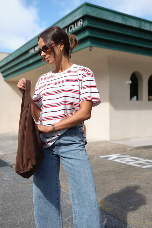 Slouchy Split Hem Tee - Berry Red Stripe