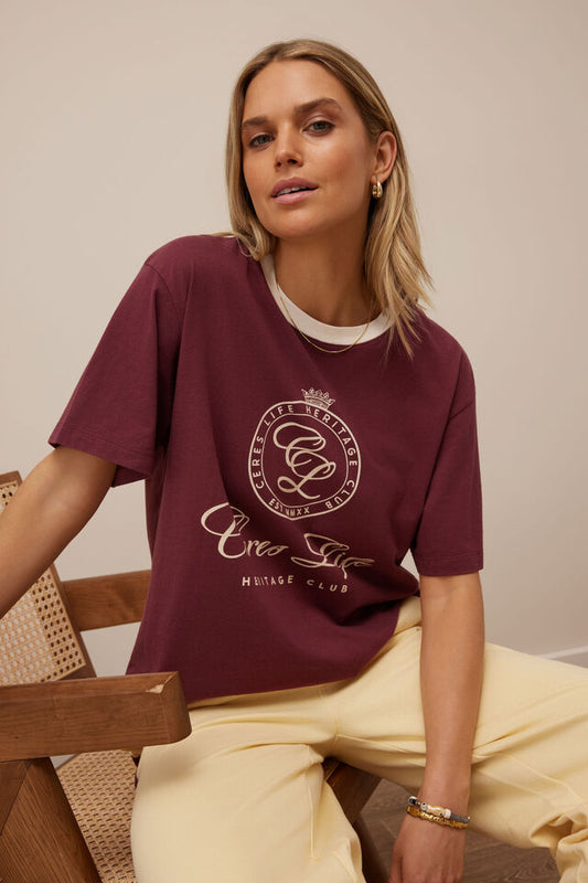 Stevie Slouchy Tee - Washed Burgundy Club Logo