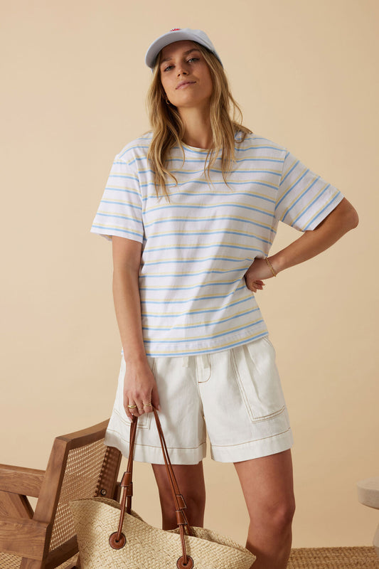Stevie Slouchy Tee - Powder Blue, Sunny Yellow Stripe