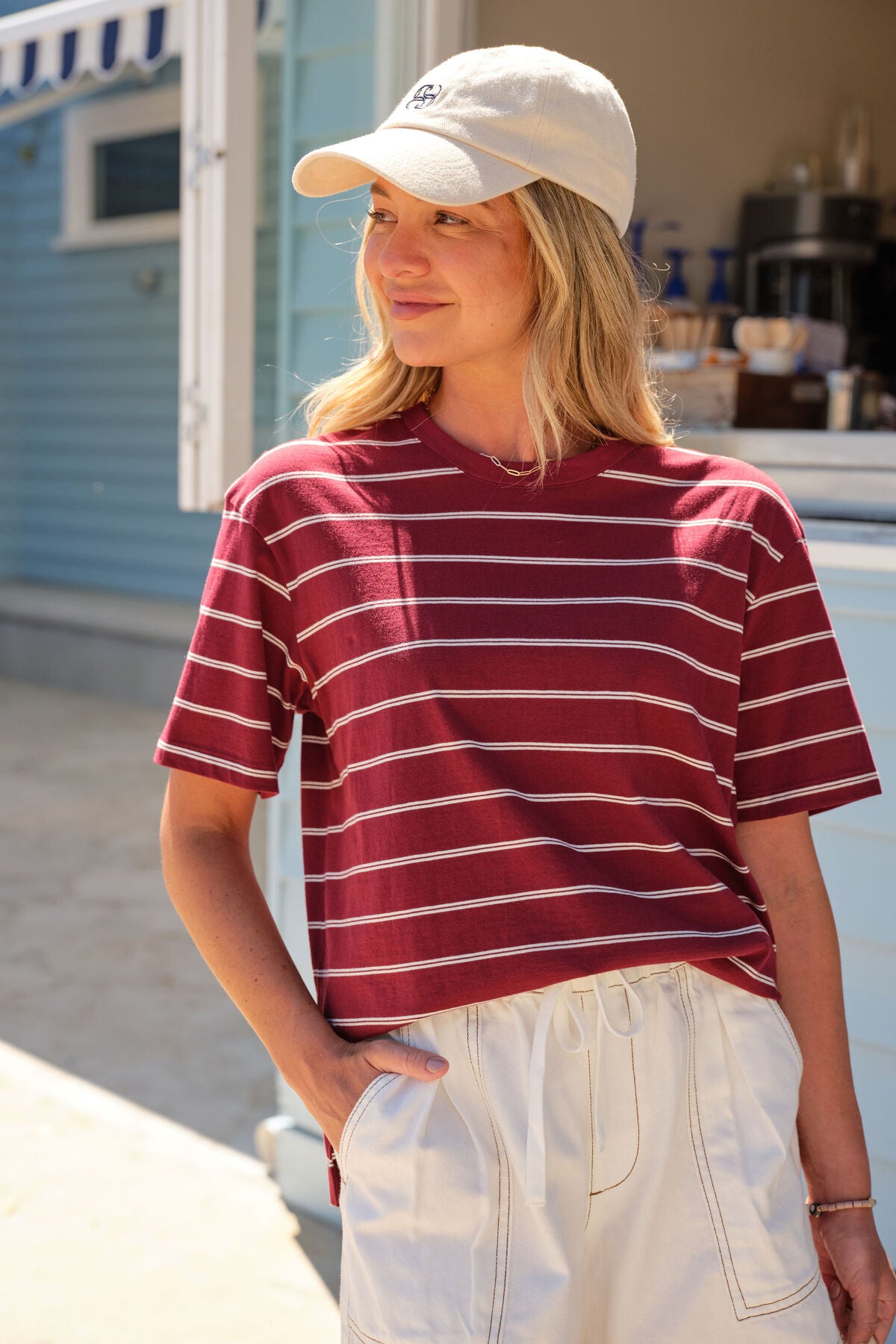Stevie Slouchy Tee - Burgundy Milk Stripe