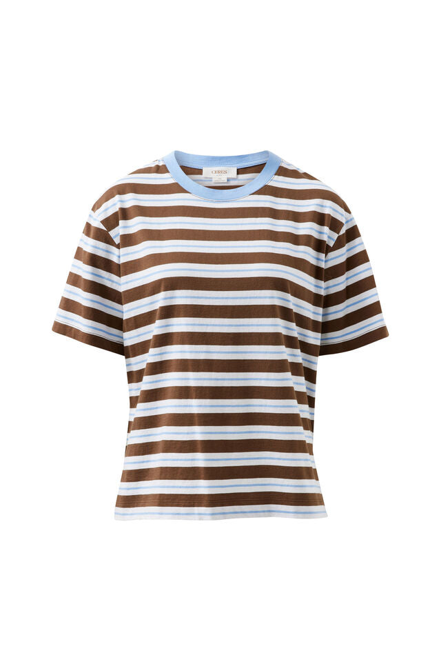 Stevie Slouchy Tee - Cocoa Sky Blue Stripe