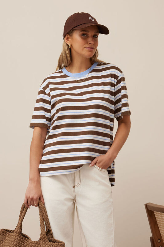 Stevie Slouchy Tee - Cocoa Sky Blue Stripe