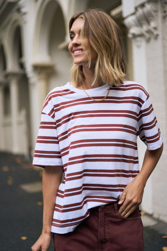 Stevie Slouchy Tee - Burnt Toffee Stripe