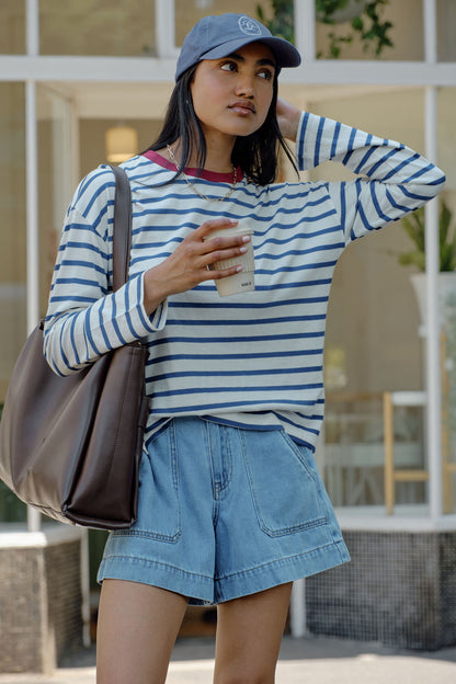 Scout Slouchy Long Sleeve Tee - Milk Prussian Blue Stripe