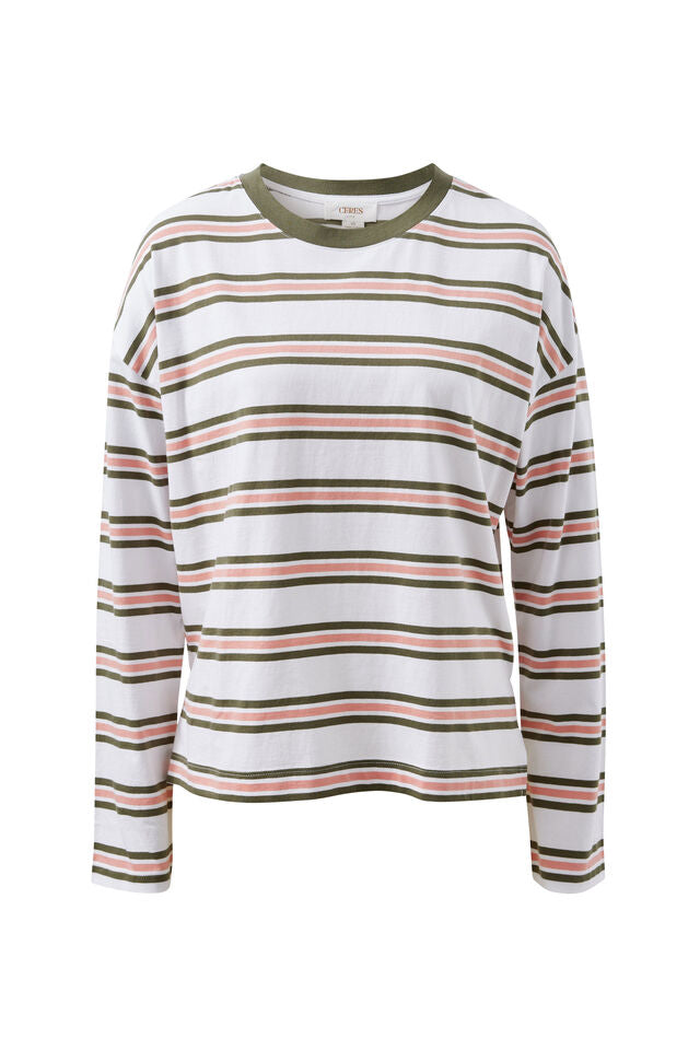 Scout Slouchy Long Sleeve Tee - Washed Olive Stripe