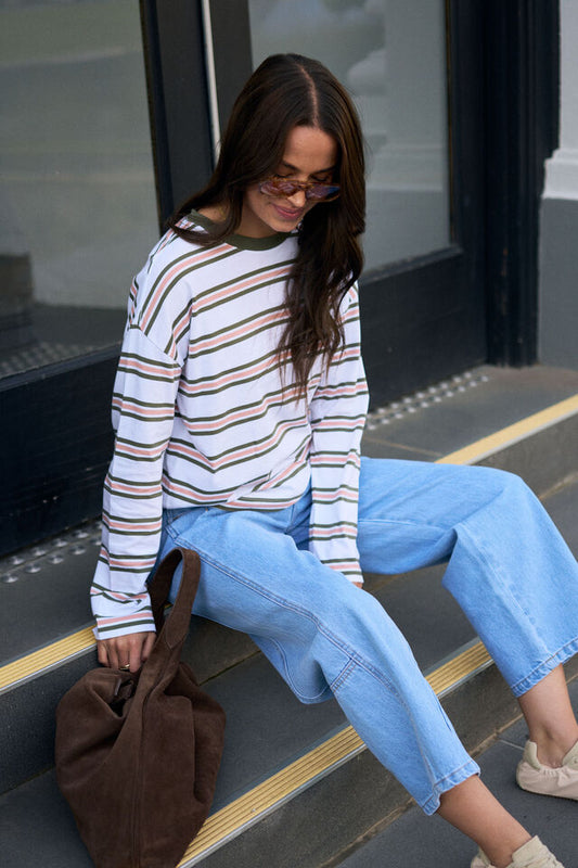 Scout Slouchy Long Sleeve Tee - Washed Olive Stripe
