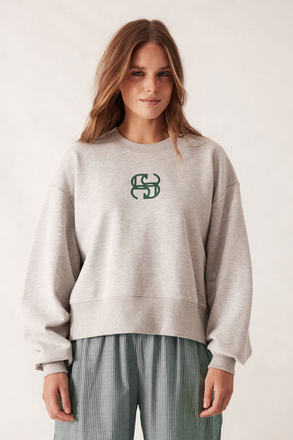 Cropped Slouchy Crew - Grey Marle Pine Green