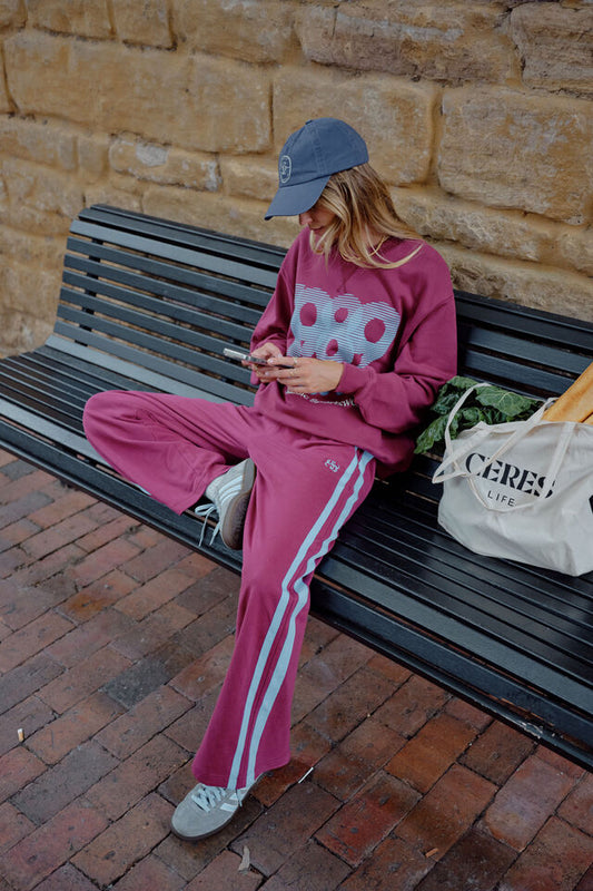 Gigi Wide Leg Terry Trackpant - Washed Burgundy Sky Blue Stripe