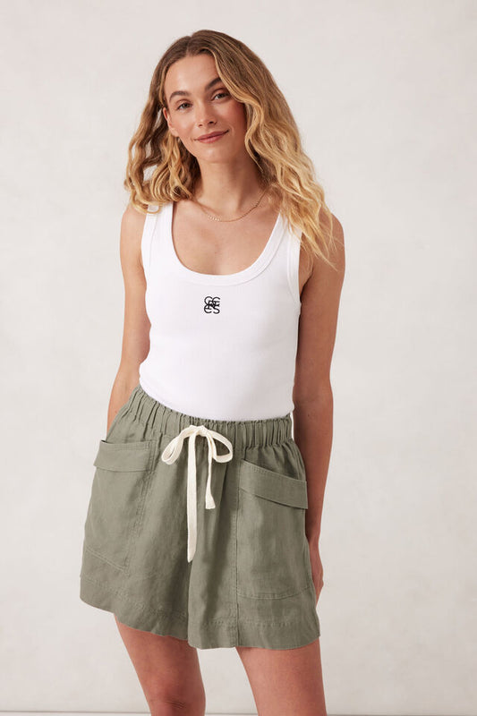 Panelled Pull On Shorts - Khaki