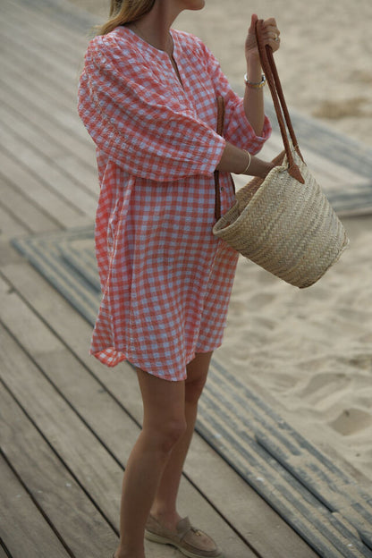 Crinkle Mini Dress - Coral Gingham