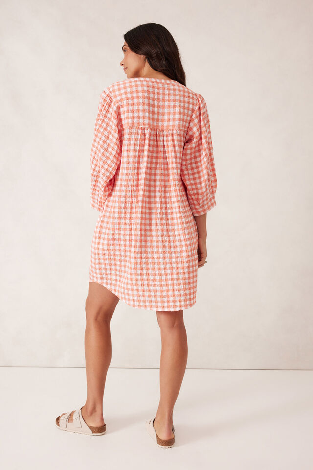 Crinkle Mini Dress - Coral Gingham