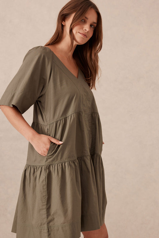 Tiered Poplin Mini Dress - Olive