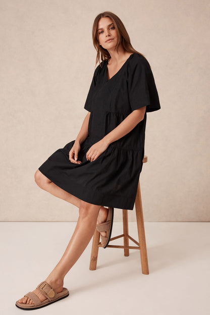 Tiered Poplin Mini Dress - Black