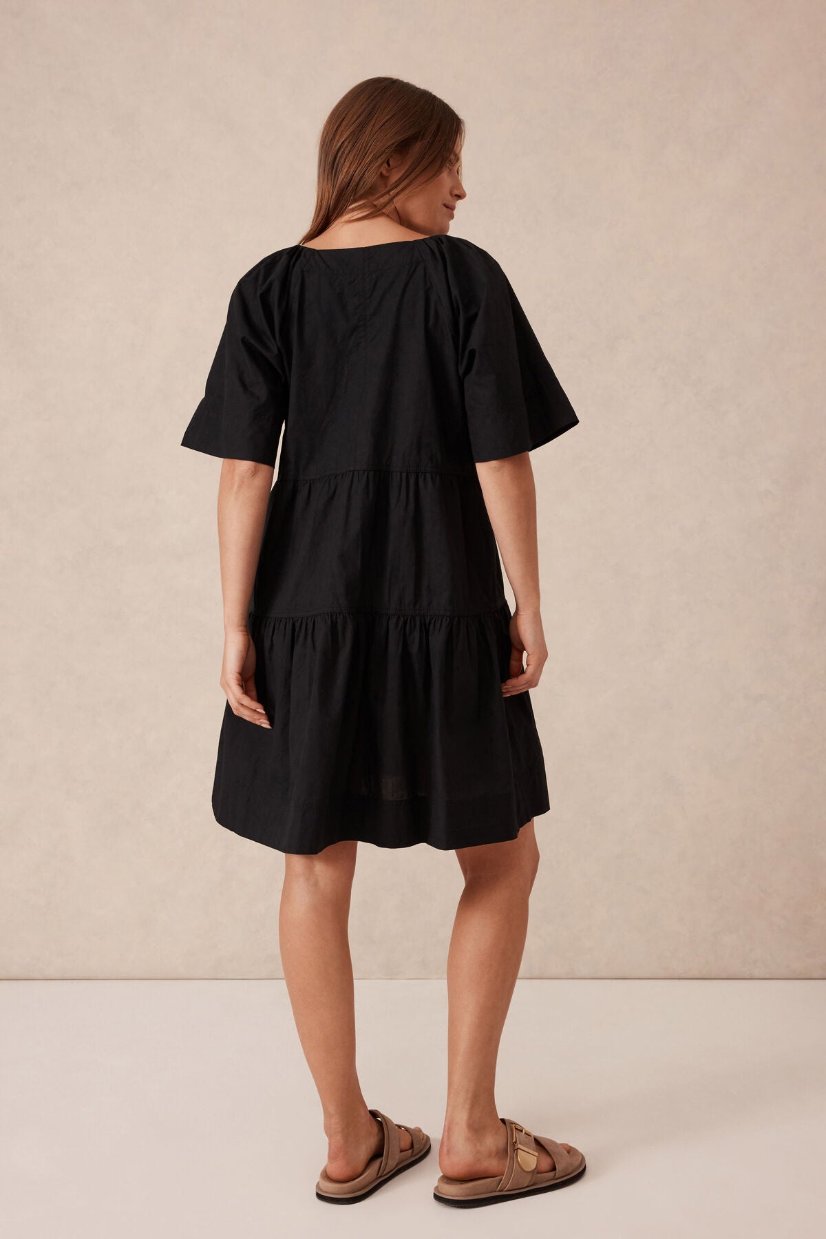 Tiered Poplin Mini Dress - Black