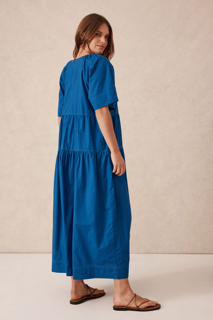 Tiered Poplin Midi Dress - Blue