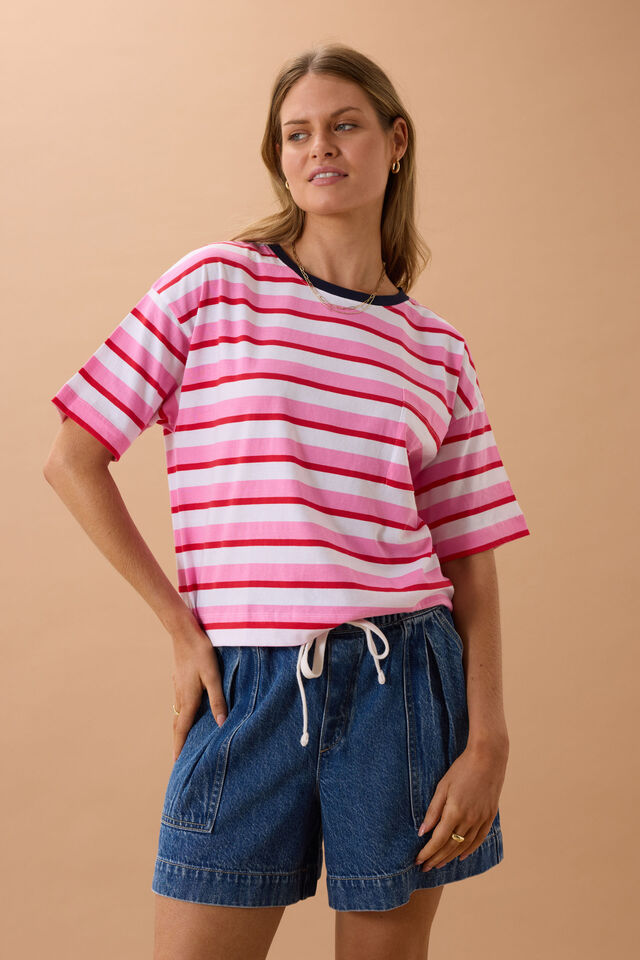Boa Boxy Pocket Tee - Hibiscus Stripe