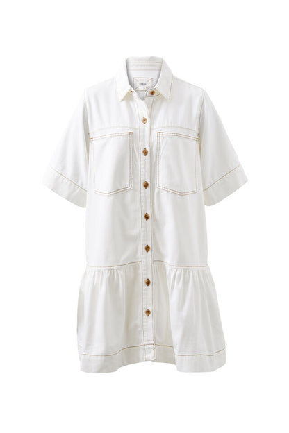 Short Sleeve Tiered Pocket Shirt Dress - Ecru