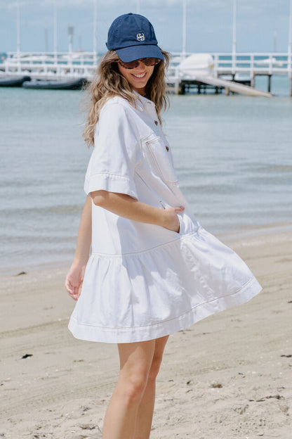 Short Sleeve Tiered Pocket Shirt Dress - Ecru